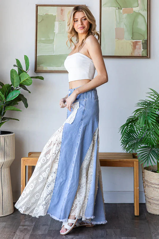 Great Escape Lace Pieced Wide Jeans