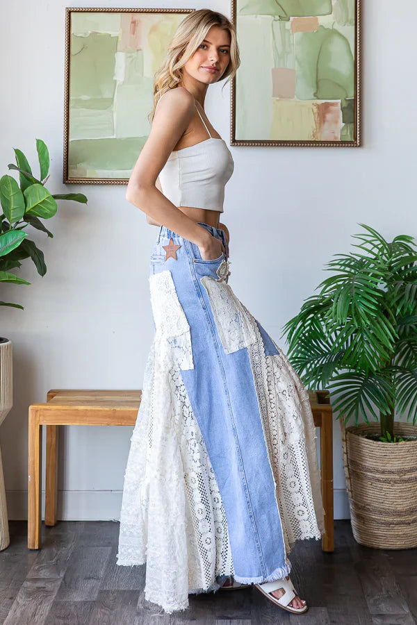 Great Escape Lace Pieced Wide Jeans