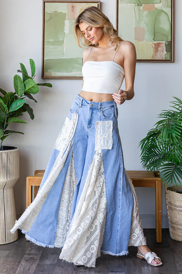Great Escape Lace Pieced Wide Jeans
